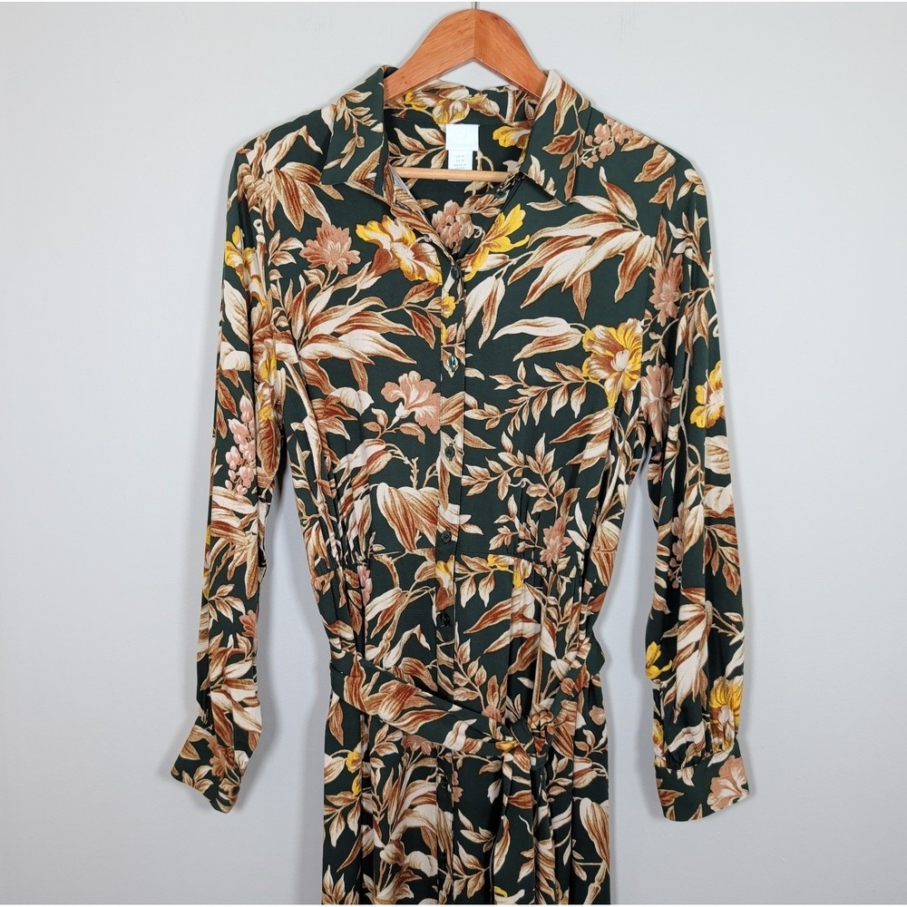 H&M - Green Floral Smocked Mocked Neck Long Sleeve Maxi Dress Size 12 Tropical